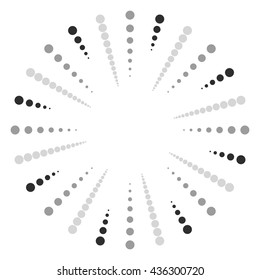 Circular dots motif. Circle vector. Dotted radial, radiating lines. Abstract black and white, monochrome design element, isolated shape