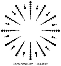 Circular dots motif. Circle vector. Dotted radial, radiating lines. Abstract black and white, monochrome design element, isolated shape