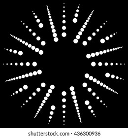 Circular dots motif. Circle vector. Dotted radial, radiating lines. Abstract black and white, monochrome design element, isolated shape