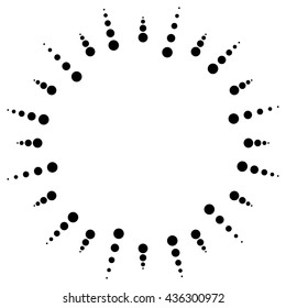 Circular dots motif. Circle vector. Dotted radial, radiating lines. Abstract black and white, monochrome design element, isolated shape