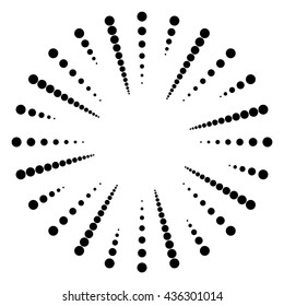 Circular dots motif. Circle vector. Dotted radial, radiating lines. Abstract black and white, monochrome design element, isolated shape