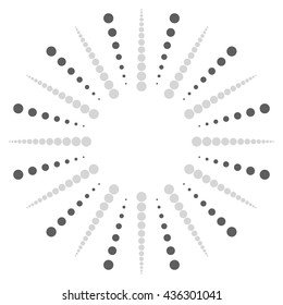 Circular dots motif. Circle vector. Dotted radial, radiating lines. Abstract black and white, monochrome design element, isolated shape