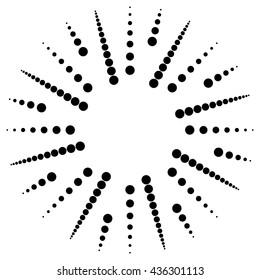 Circular dots motif. Circle vector. Dotted radial, radiating lines. Abstract black and white, monochrome design element, isolated shape