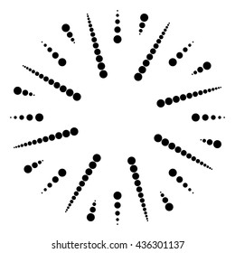 Circular dots motif. Circle vector. Dotted radial, radiating lines. Abstract black and white, monochrome design element, isolated shape