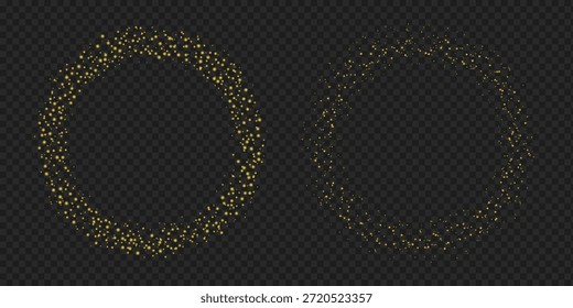 Sobreposição de quadro de poeira pontilhada circular com efeito de partículas de pontos arredondados amarelo dourado brilhante e bordas brilhantes em plano de fundo isolado
