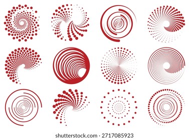 Anillos circulares punteados y conjunto de Vectores de línea concéntrica, círculos de puntos radiales rojos y Formas geométricas de línea espiral colección de Vector, patrones de puntos circulares rojos mínimos y Elementos de línea redonda
