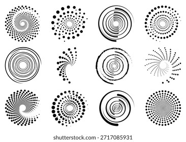 anillos circulares punteados y conjunto de Vectores de línea concéntrica, líneas circulares de color, círculos de puntos radiales y Formas geométricas de línea espiral colección, patrones de puntos de línea circular y Elementos de línea redonda