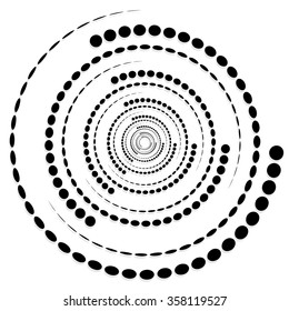 Circular dotted shape, motif. Spiral, twirl element with circles.