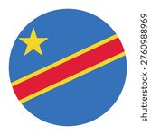 Circular DR Congo national flag symbol. Country emblem for travel, language and African culture.