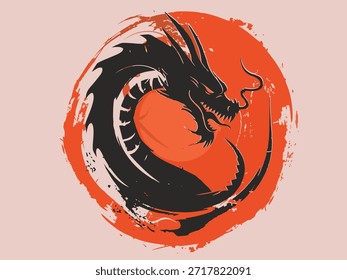 Zirkuläre Drachen Emblem Illustration in Rot und Schwarz mit Grunge Pinselstrich und asiatischen Mythologie Stil
