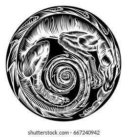A circular dragon original design in a vinatge wood cut retro style