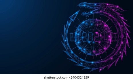 Circular dragon with a planet in the center. The numbers 2024 are in orbit. Polygonal design of interconnected lines and dots.