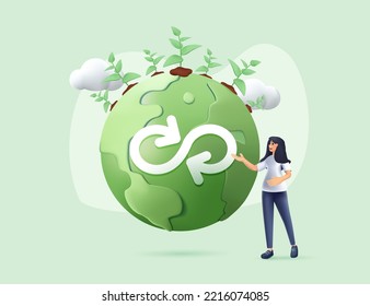 Conjunto de ilustraciones de rendimiento 3D de economía circular. Futuro Crecimiento económico sostenible con energía renovable. Ahorra recursos naturales. Energía ecológica, industria sostenible y concepto de manufactura. Planeta