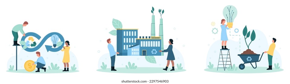 Circular economy, bio energy set vector illustration. Cartoon tiny people holding infinity circulation sign and money coin, factory with green leaf and light bulb with electricity from plant growth
