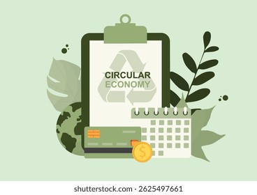 Circular Economy Business document with Financial Elements. lipboard with recycling symbol, calendar, credit card, and coin representing sustainable business planning. Flat style. Vector illustration