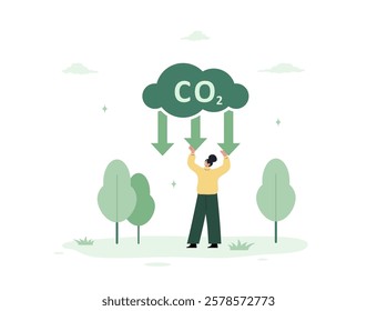 Circular economy. CO2 neutral. Net zero emissions and carbon dioxide balance. Climate change and sustainability. Vector illustration in flat cartoon style.