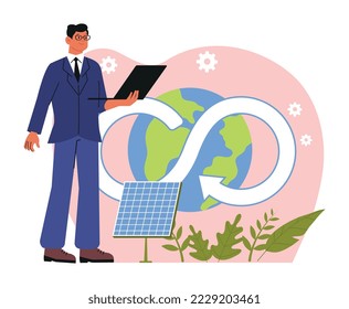 Circular economy concept. Development of alternative energy sources for sustainable life. Young Man presents solar panels to generate electricity. Cartoon flat vector illustration in doodle style