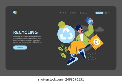 Circular Economy concept. Dynamic character promoting recycling with ecological bag and bin, against recycling symbol. Sustainable lifestyle web banner design. Vector illustration.