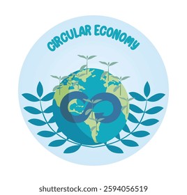 Circular economy concept with eco friendly representation of the earth. Represented with planting and recycling themes for global awareness. Flat vector modern illustration 