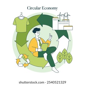 Concepto de Economía Circular. Un enfoque de moda ecológico que integra el reciclaje de prendas de vestir y la ilustración de energía renovable. Práctica sostenible de la industria. Ilustración vectorial.