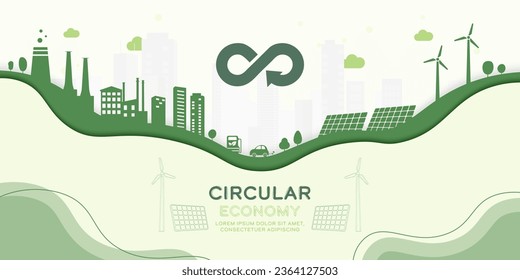 Economía circular. El concepto de crecimiento futuro de las empresas y el desarrollo sostenible del medio ambiente. Ilustrador vectorial de arte de papel.