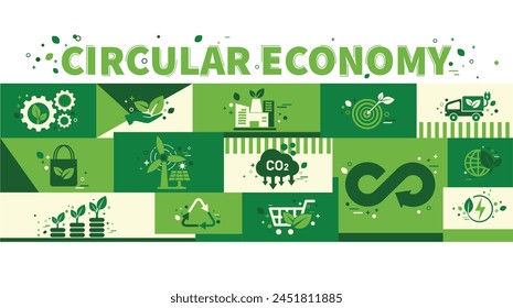 Circular economy concept for future growth of business. Reuse and renewable material resources and sustainable environment with icons. Green ecology template infographic flat design vector web banner 