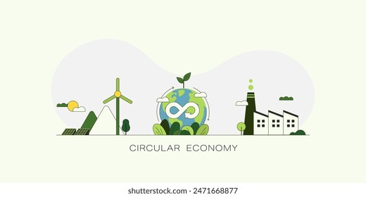 Economía Circular. El concepto de crecimiento futuro de las empresas y el medio ambiente de desarrollo sostenible. Ilustración vectorial.