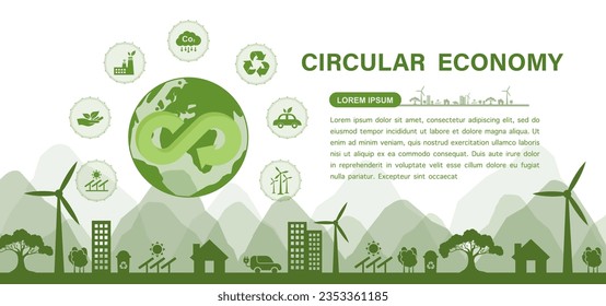 circular economy concept Green city on earth and sustainable development concept. clean green web banner vector illustration with eco friendly icons set