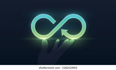 Circular economy concept. Hand holds bright green infinity symbol. Graphs and charts, company income and expenses, business strategy. Poster or banner for website. Cartoon flat vector illustration