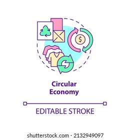 Circular Economy Concept Icon. Tackle Global Warming. Economy Models Abstract Idea Thin Line Illustration. Isolated Outline Drawing. Editable Stroke. Arial, Myriad Pro-Bold Fonts Used