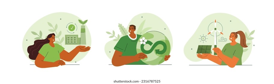 Circular economy concept illustration. Collections of men and women characters showing benefits of sustainable economic growth with renewable energy and natural resources. Vector illustrations set