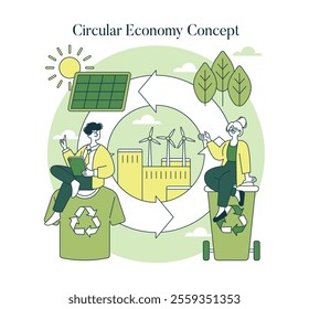 Circular Economy Concept illustration. Individuals partake in sustainable practices within a green circular arrow, symbolizing resource regeneration. Vector illustration.