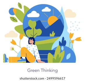 Circular Economy concept. Illustration of a person relaxed amidst nature, symbolizing sustainable living and environmental consciousness. Vector illustration.