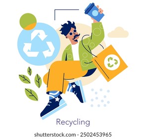 Circular Economy concept. Illustration of a person participating in recycling, holding a bin and bag with recyclable symbols. Eco-friendly lifestyle. Vector illustration.