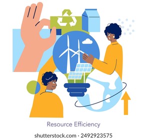 Concepto de economía circular. Ilustración que muestra el uso sostenible de los recursos con reciclaje, energía renovable. Personas que realizan prácticas ecológicas. Ilustración vectorial.