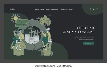 Circular Economy Concept illustration. Sustainable resource management and waste reduction depicted through recycling and renewable energy. Vector illustration.
