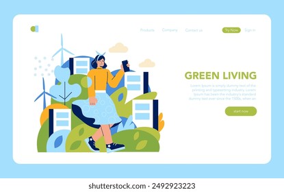 Circular Economy concept. Illustration of a woman engaging with eco-friendly technologies amidst urban and natural elements. Sustainable lifestyle choices and renewable energy. Vector illustration.