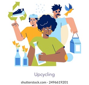 Concepto de Economía Circular. Personas que participan en prácticas de suprareciclaje para promover la sostenibilidad. Reutilización, creatividad en la transformación de residuos. Ilustración vectorial.