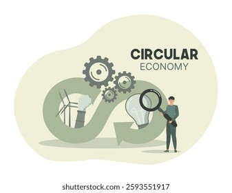 Circular Economy Concept with Infinite Loop and Green Symbols. Showcasing the concept of circular economy with gears, light bulb, and green energy sources. Flat vector modern illustration 