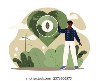 Circular economy concept. Man with planet inside heart shape. Alternative energy sources and sustainable lifestyle. Young guy near wind mills and leaves. Cartoon flat vector illustration