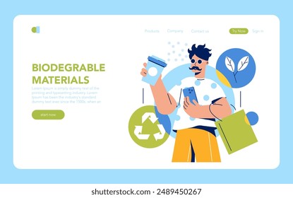 Circular Economy concept. Man using sustainable products promotes eco-friendly lifestyle choices. Reusable coffee cup, phone, recycling. Vector illustration.