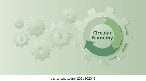 Economía circular. El concepto de uso racional de los recursos en un estilo de corte de papel. Los círculos de flecha y los engranajes sobre un fondo verde. Ilustración vectorial. Banner web