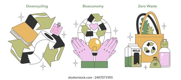 Circular Economy concept. Showcasing downcycling, bioeconomy, and zero waste lifestyle. Environmental responsibility in action. Flat vector illustration