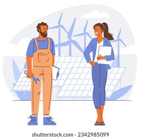 Circular economy concept. Solar and wind power project planning, development and service. Manager and engineer on the background of solar panels and wind turbines flat vector illustration.