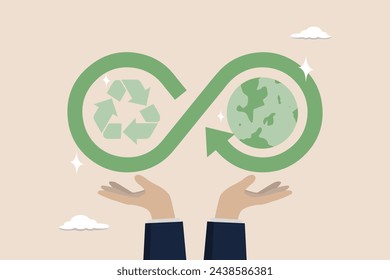 Economía circular, concepto de sostenibilidad, energía o producto ecológico, reciclaje de materiales o protección del medio ambiente, ciclo de mano de la economía circular.