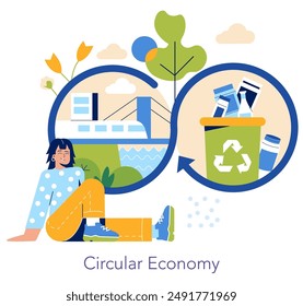 Circular Economy concept. Sustainable production and recycling practices visualized with a woman, factory, and recycle bin. Vector illustration.
