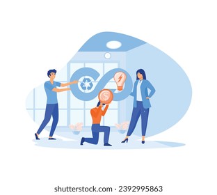  Circular economy concept. Tiny people recycle consumption waste and efficient energy management. flat vector modern illustration 