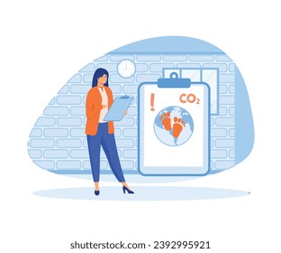 Circular economy concept. Woman  research green energy, reducing carbon dioxide emissions and climate impact. flat vector modern illustration   flat vector modern illustration 