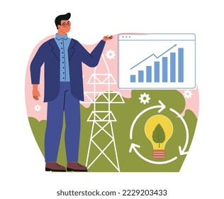 Concepto de economía circular. Un joven ecólogo masculino analiza las estadísticas del desarrollo sostenible. Energía verde o fuentes alternativas de electricidad. Dibujo vectorial plano de caricatura en estilo doodle