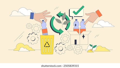 Circular economy with continuous production cycle tiny neubrutalism concept. Sustainable, environmental and nature friendly manufacturing with reusable and recyclable materials vector illustration.